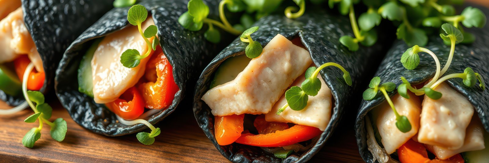 Close-up of black tortilla wraps filled with chicken, red pepper, and cucumber
